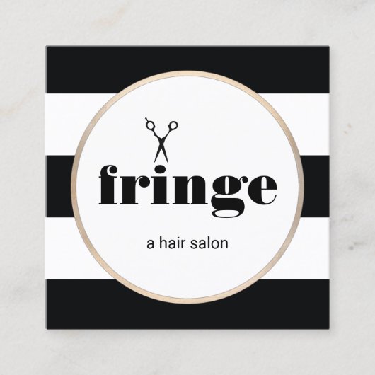ヘアスタイリスト金ゴールドはさみ白黒 ストライプの スクエア名刺 (正面)