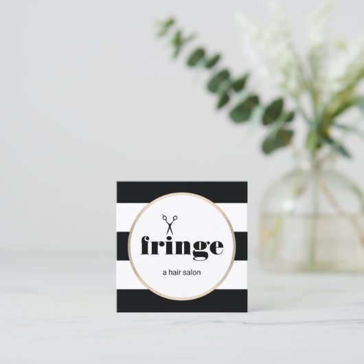 ヘアスタイリスト金ゴールドはさみ白黒 ストライプの スクエア名刺 (スタンド正面)