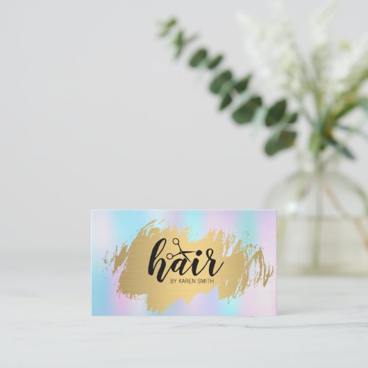 ヘアスタイリスト金ゴールドブラシ付きパステルグラデーション 名刺 (スタンド正面)
