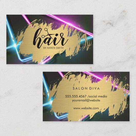 ヘアスタイリスト金ゴールドブラシ | ネオン灯 名刺 (正面/裏面)