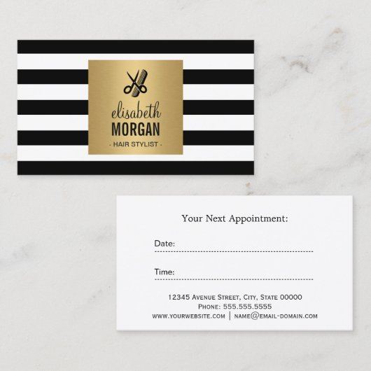 ヘアスタイリスト金ゴールド白黒ストライプアポイントメント 予約カード (正面/裏面)
