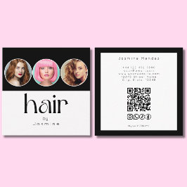 ヘアスタイリスト3枚の写真QRコードソーシャルブラックホワイト スクエア名刺