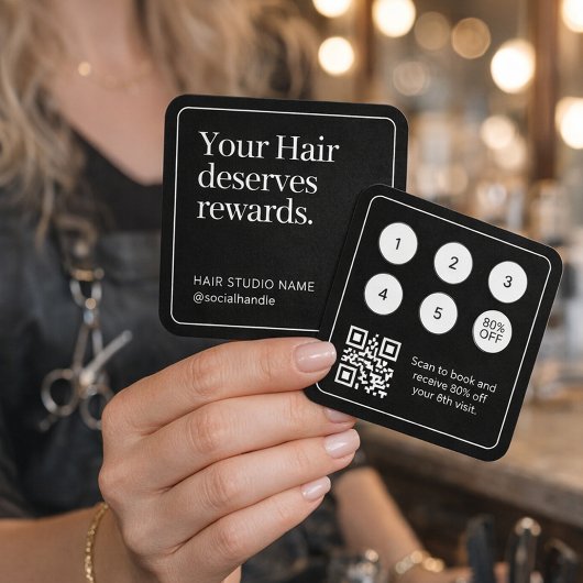 ヘアスタイリスト クライアントパンチカード 黒 QRコード スクエア名刺