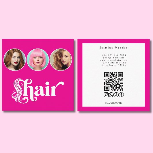 ヘアスタイリスト ホットピンク 白 3 写真QRコード スクエア名刺