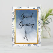 ヘアスタイリスト ヴィンテージ ブルー 花柄 サロン オープン 招待状 (スタンド正面)