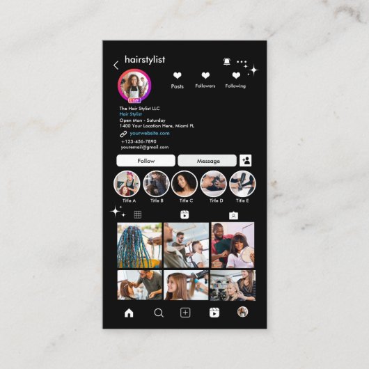 ヘアスタイリスト Instagram ブラック | QRコードで接続  名刺 (正面)