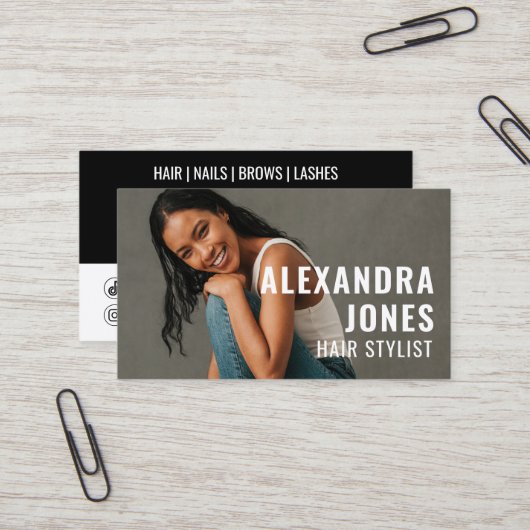 ヘアスタイリストQrコード2ソーシャルアイコンテンプレート 名刺 (正面/裏面インサイチュ)