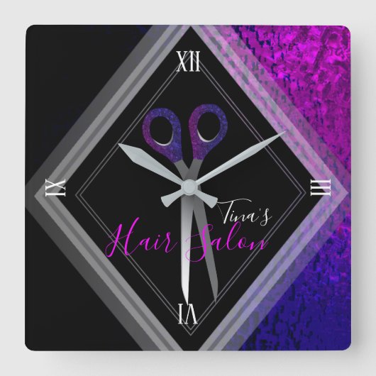 ヘアスタイリッシュサロンパモダンープル&ブラックモダン スクエア壁時計 (正面)