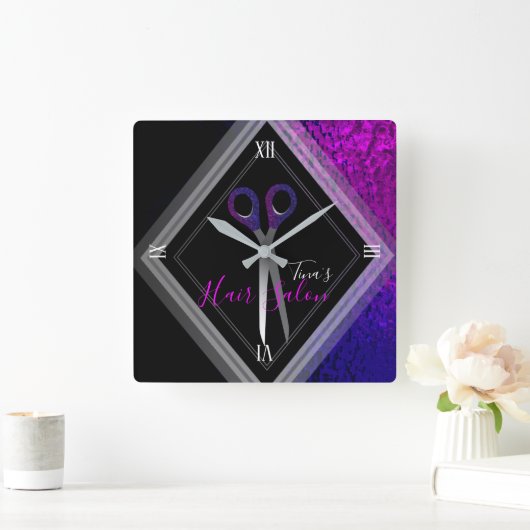 ヘアスタイリッシュサロンパモダンープル&ブラックモダン スクエア壁時計 (ホーム)
