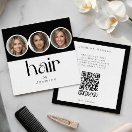 ヘアスタイル3枚の写真QRコードソーシャルモノクロ スクエア名刺