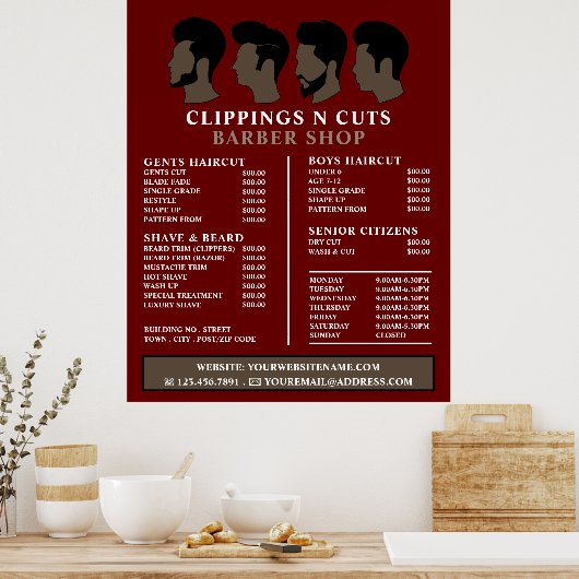 ヘアスタイル、メンズ理容師価格表 ポスター (キッチン)