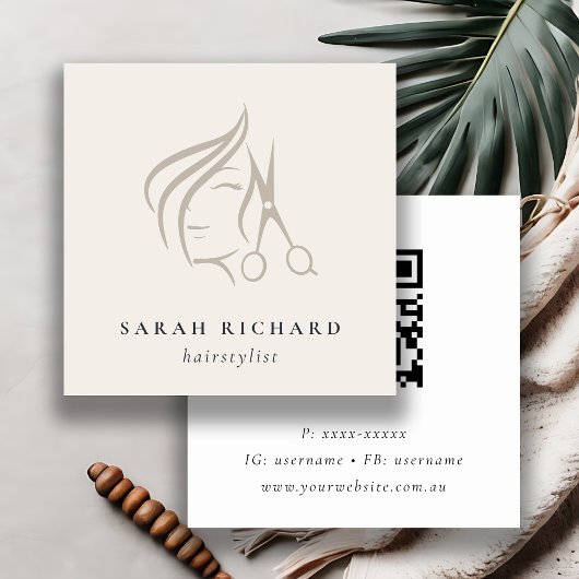 ヘアスミニマルタイリストアイボリーヘアーシザーQRコード スクエア名刺