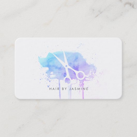 ヘアスモダンタイリストの髪の水の色が青い紫 名刺 (正面)