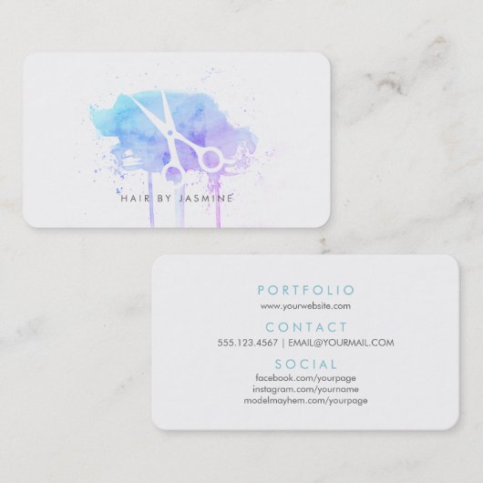 ヘアスモダンタイリストの髪の水の色が青い紫 名刺 (正面/裏面)