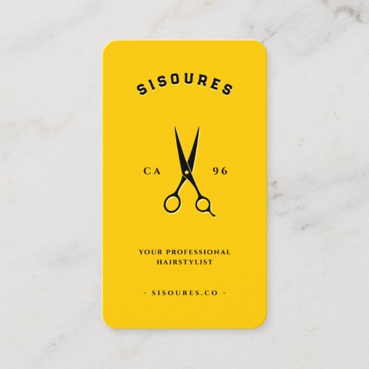 ヘアスモダンタイリスト理容師イエローブラックハサミ 名刺 (正面)