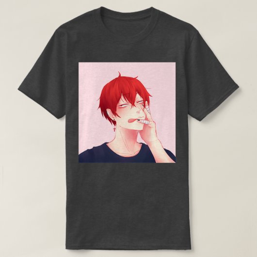 ヘアダウン天堂悟ブルーシャツピンクbg tシャツ (デザイン正面)