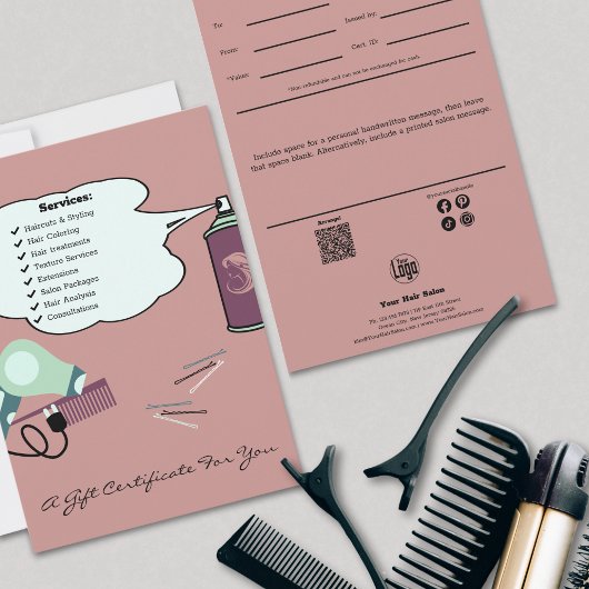 ヘアツールピンクサロンギフト証明書フラットカード