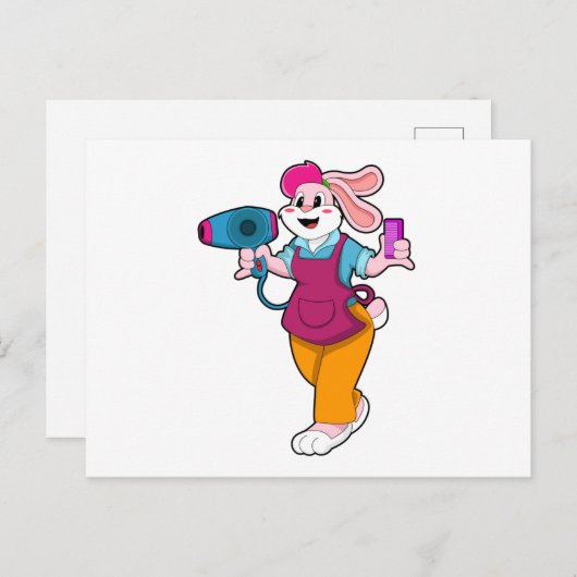 ヘアドライヤーとくしを持つ美容師のウサギ ポストカード (正面/裏面)