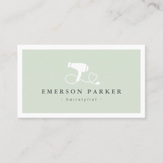 ヘアドライヤーのハートコード光セージ緑の美容師 名刺 (正面)
