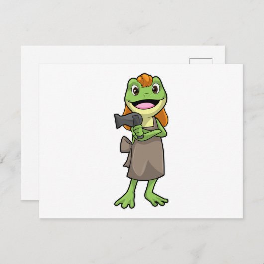 ヘアドライヤーを持つ美容師としてのカエル ポストカード (正面/裏面)