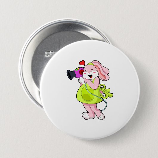 ヘアドライヤー付き美容師としてのウサギ 缶バッジ (正面&裏面)