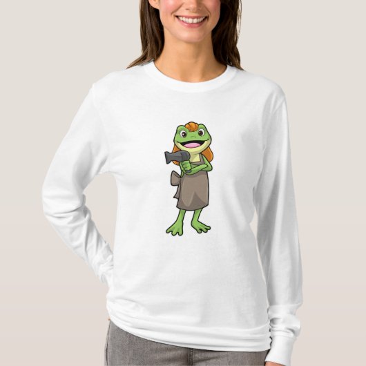 ヘアドライヤー付き美容師としてのカエル Tシャツ (正面)