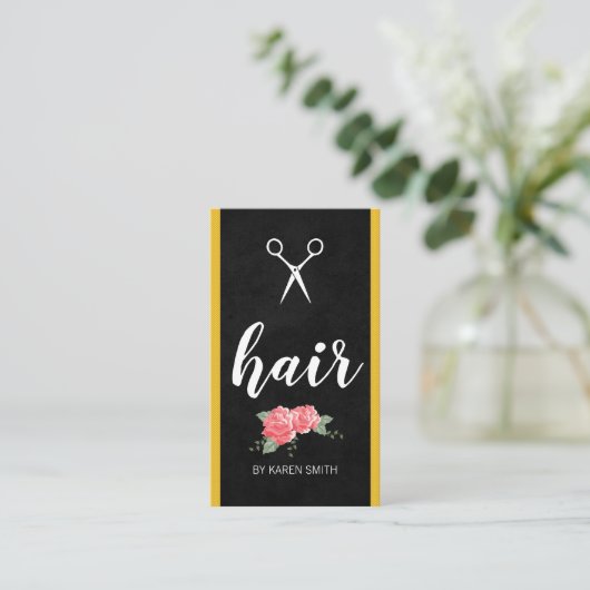 ヘアフラワーイエロートリムスタイリスト 名刺 (スタンド正面)