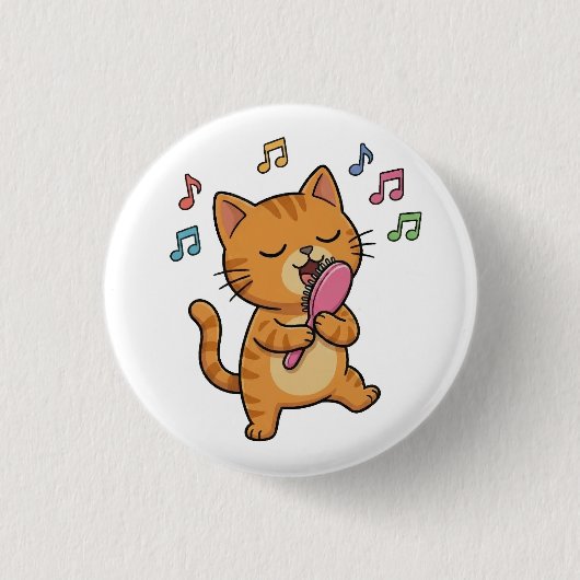 ヘアブラシをマイク代わりに歌う猫 バッジ (正面)