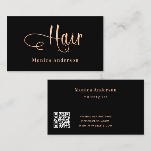 ヘアブラックバラエレガント金ゴールドQRコード 名刺 (正面/裏面)