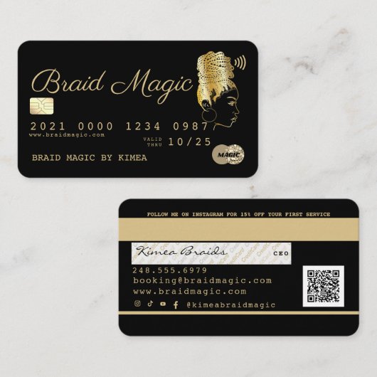 ヘアブレイダーブレイディングサロンブラック&金ゴールドクレジットブ 名刺 (正面/裏面)