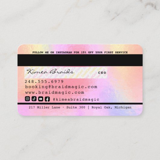 ヘアブレイダーレインボー滴下グリッタークレジットバスン 名刺 (裏面)