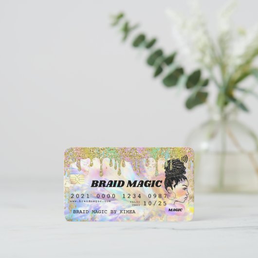 ヘアブレイダーレインボー滴下グリッタークレジット 名刺 (スタンド正面)