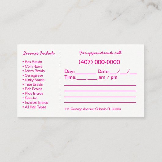ヘアブレイディングのロクティシャンの名刺テンプレート 予約カード (裏面)