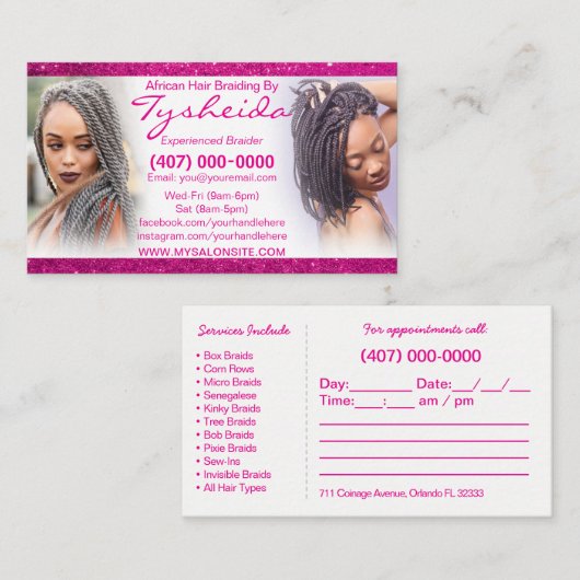 ヘアブレイディングのロクティシャンの名刺テンプレート 予約カード (正面/裏面)