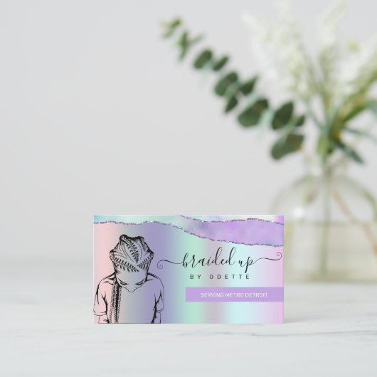 ヘアブレイディングサロンパステルパープルメタリックブジン 名刺 (スタンド正面)