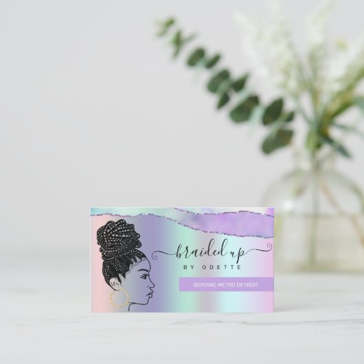 ヘアブレイディングサロンパステルパープルメタリックブレイズ 名刺 (スタンド正面)