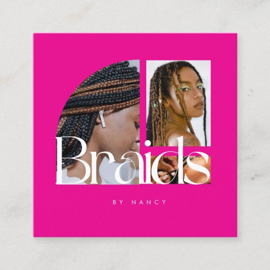 ヘアブレイディングサロンフォトコラージホットピンク スクエア名刺 (正面)