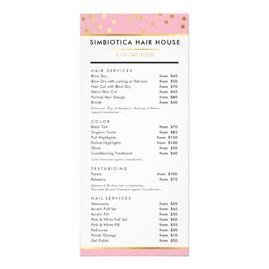 ヘアプライスリストGLAM水玉模様金ゴールド淡い色のピンク ラックカード (正面)