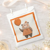 ヘアボウ付きオレンジ色の格子模様のドレスベア フェイバーバッグ (クリップ留めされた状態)