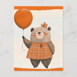 ヘアボウ付きオレンジ色の格子模様のドレスベア ポストカード