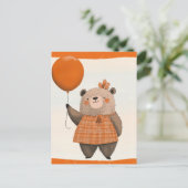 ヘアボウ付きオレンジ色の格子模様のドレスベア ポストカード (スタンド正面)