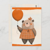 ヘアボウ付きオレンジ色の格子模様のドレスベア ポストカード (正面/裏面)