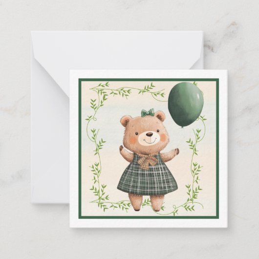 ヘアボウ付き緑の格子模様のドレスベア ノートカード (正面)
