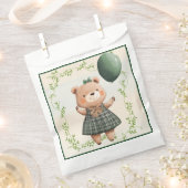 ヘアボウ付き緑の格子模様のドレスベア フェイバーバッグ (クリップ留めされた状態)