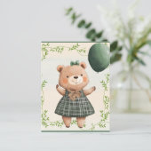 ヘアボウ付き緑の格子模様のドレスベア ポストカード (スタンド正面)