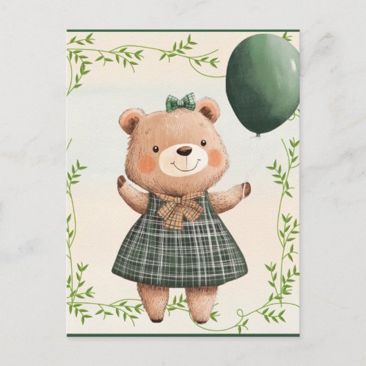 ヘアボウ付き緑の格子模様のドレスベア ポストカード (正面)