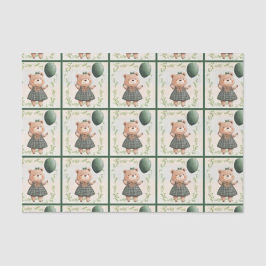 ヘアボウ付き緑の格子模様のドレスベア 薄葉紙 (正面)