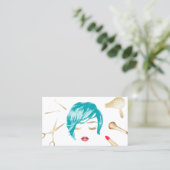 ヘアメイクアップアーティストショートヘアカット女子ターコイズ 名刺 (スタンド正面)