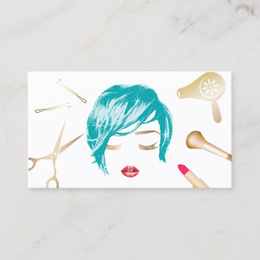 ヘアメイクアップアーティストショートヘアカット女子ターコイズ 名刺 (正面)