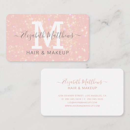 ヘアメイクアップアーティストピンクのスパークル 名刺 (正面/裏面)